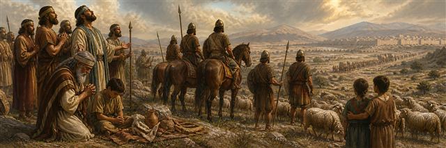 Warriors of Reuben, Gad, and half-Manasseh guarding eastern lands before distant Assyrians